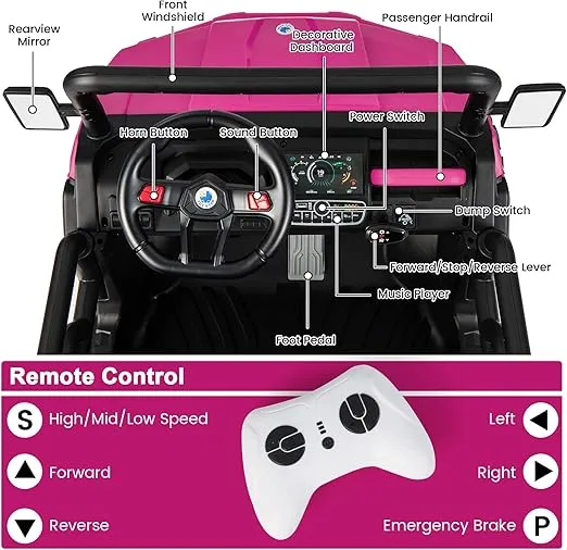 Costzon Ride On Dump Truck with Remote Control, 12V Electric Kids UTV w/Electric Dump Bed, Rocking Function, Shovel, 4 Spring Suspensions, Wireless Design, 2-Seater Ride on Car Gift for Kids (Pink)
