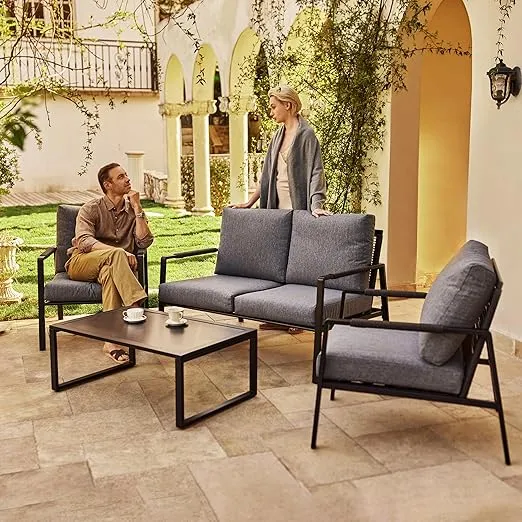 EAST OAK 4-Piece Patio Furniture Set with Thick Cushions, 4 Seats Waterproof Outdoor Patio Set with Rattan Armrests, Loveseat and Coffee Table for Backyard, 2024 Coast Patio Conversation Set in Grey