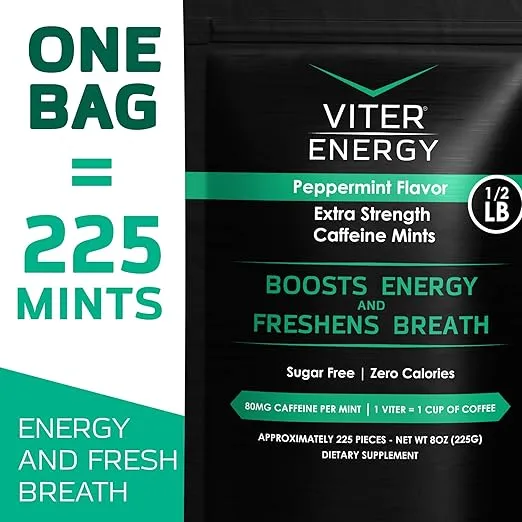 Viter Energy Extra Strength Caffeinated Mints 80mg Caffeine, B Vitamins, Sugar Free. (Peppermint, 8oz, Bulk Bag)