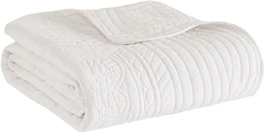 Madison Park Madison Park Luxe Quilted Throw Blanket - Damask Stitching Design, Cotton Filled Spread, Ultra Soft, Cozy Bedding for Living Room Couch, Sofa, Bed, 60x72", Scalloped Borders White