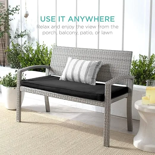 Best Choice Products Outdoor Bench 2-Person Wicker Garden Patio Benches Seating Furniture for Backyard, Porch w/Seat Cushion, 700lb Capacity - Gray/Black