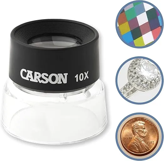 Carson LumiLoupe 10X Power Black/Clear Stand Magnifier, Ambient Light, 1.0 inch Lens Diameter, 2.0 inch Base Diameter, 2.0 x 1.75 x 2.0 inches, 0.05 kg