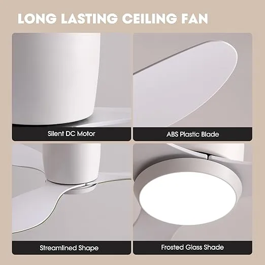 Ceiling Fans with Lights, Low Noise Reversible Airflow DC Motor 52 Inch Ceiling Fan with Remote Control, Flush Mount Ceiling Fan for for Bedroom, Living Room