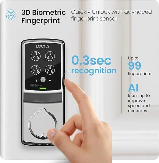 Lockly Secure Pro, Wi-Fi Smart Deadbolt, Keyless Entry Door Lock, PIN Genie® Keypad, 3D Biometric Fingerprint Sensor, Auto Lock - Satin Nickel (PGD728WSN)