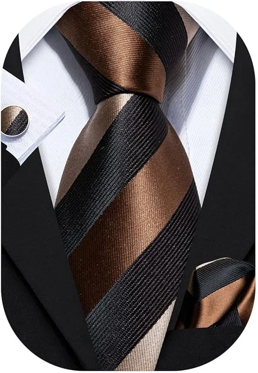 Barry.Wang Stripe Men Ties Set Classic WOVEN Necktie with Handkerchief Cufflinks Formal