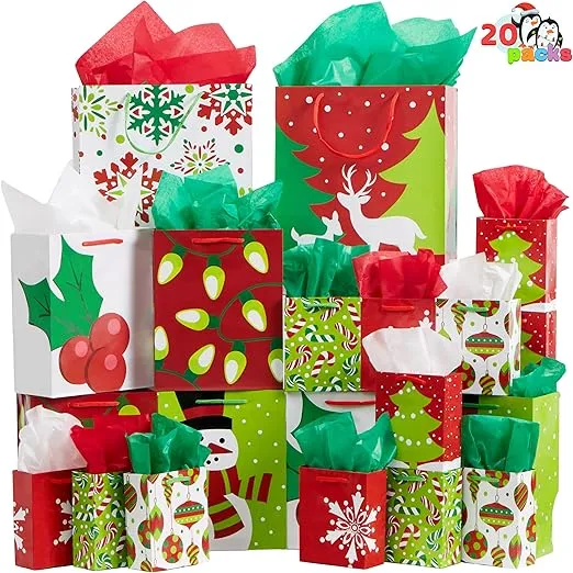 JOYIN 20 Christmas Goody Gift Bags with Handles Assorted Sizes, Holiday Paper Goodie Bag for Xmas Gift-Giving, Classroom and Party Favors