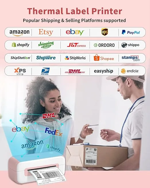 Pink Thermal Label Printer 4x6, Shipping Label Printer for Small Busines, Compatible with Amazon, Ebay, Shopify, Etsy, UPS, FedEx, DHL, etc