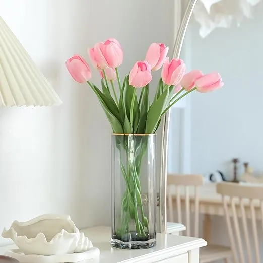 10Pcs Pink Artificial Tulips Silk Flowers, Fake Tulips, Faux Flowers Decoration for Vase, Wedding, Party, Kitchen, Flowers Backdrop, Office, Home, Bedroom, Table Centerpiece Decor