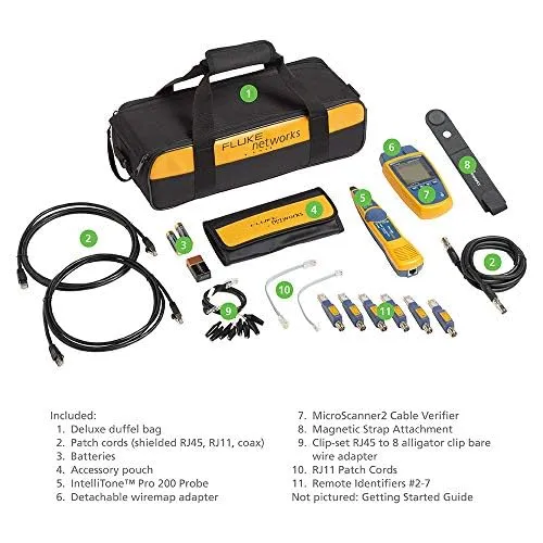 Fluke Networks MS2-KIT MicroScanner2 Copper Cable Verifier Kit, Troubleshoots RJ11, RJ45, Coax, Tests 10/100/1000Base-T, and Voip, Includes IntelliTone Pro 200 & Remote ID Kit