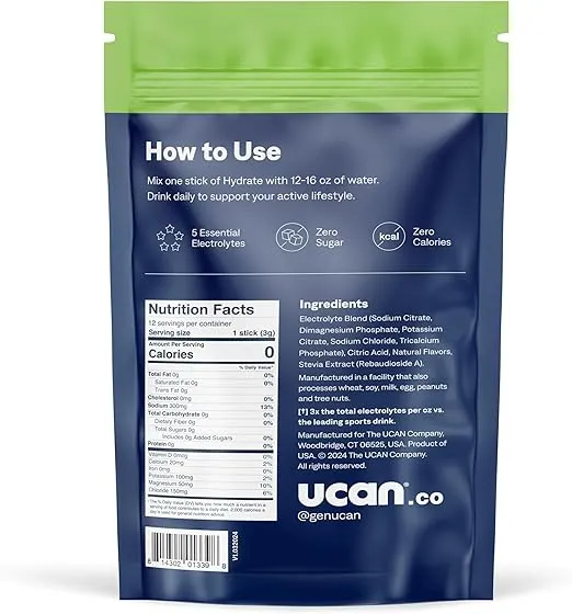 UCAN Hydrate Electrolyte Drink Mix (Lemon-Lime, 12 Stickpacks) Sugar-Free, Keto-Friendly, Vegan, Non-GMO, Gluten-Free Electrolyte Powder with Potassium & Magnesium for Runners & Athletes