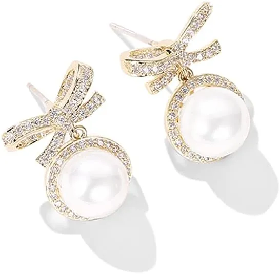 MIKAMU 14k Gold Ribbon Bow Stud Earrings for Women cubic zirconia Dainty Gold Plated Pearl Earring for Women Jewelry