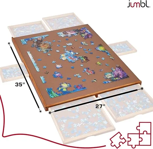 Jumbl 1500-Piece Puzzle Board | 27” x 35” Jigsaw Puzzle Table | 6 Removable Magnetic Sorting Drawers | Smooth Plateau Fiberboard Work Surface & Hardwood Construction | for Games & Puzzles