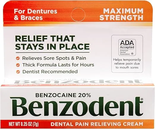 Benzodent Dental Pain Relieving Cream for Dentures and Braces, Topical Anesthetic, 0.25 Ounce Tube