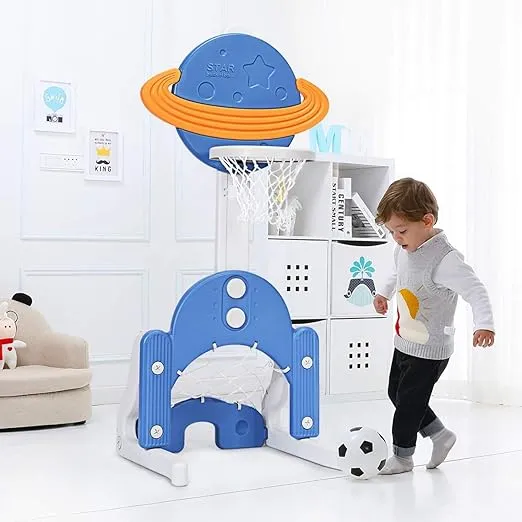 Toddler Basketball Hoop, 3-in-1 Kids Sports Activity Center with Basketball Soccer Golf Game Set, 5 Adjustable Height Levels, Portable Indoor Outdoor Sports Playset, Gift for Kids 1-3