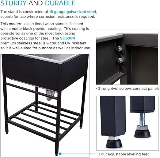 Transolid TFH-2522-MB 25 in. x 22 in. x 34.3 in. Stainless Steel Laundry Sink with Wash Stand in Matte Black