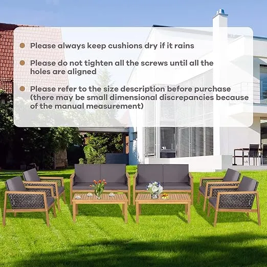 4 Pieces Outdoor Acacia Wood Furniture Sofa Set, Outdoor PE Wicker Conversation Set with Coffee Table and Soft Cushions for Garden, Poolside and Backyard (1, Grey)