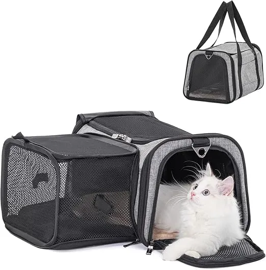 Petsfit Expandable Cat Carrier, 16"X10" X9" Pet Carrier Airline Approved, Soft-Sided Collapsible, Pet Carrier with Locking Safety Zippers, Removable Soft Plush Mat, Pocket for Pets up to 10lbs, Gray,S