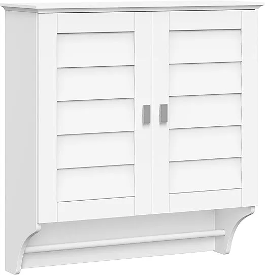 RiverRidge Brookfield Bathroom Cabinet with 2 Shutter Doors & Towel Bar – White Wall-Mounted Medicine Cabinet for Storage & Organization - Brushed Nickel Knobs, Easy Assembly