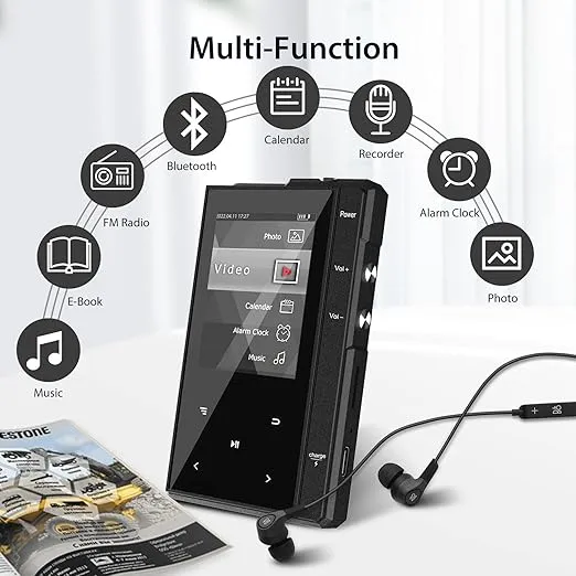 32GB MP3 Player with Bluetooth 5.0, Phinistec Z6 Digital Audio Player with Loud Speaker, 2.4’’ IPS Super Battery Life Music Player with FM Radio, E-Book, Music Alarm Support up to 256GB