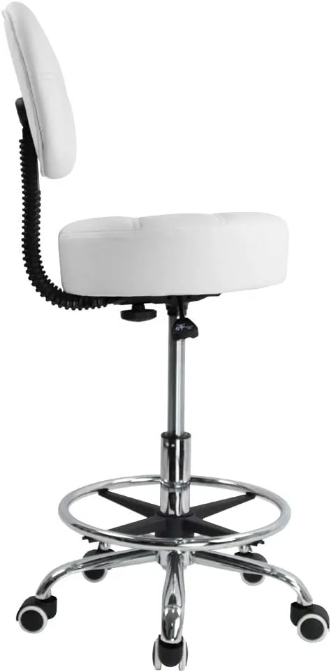KKTONER Swivel Round Rolling Stool PU Leather with Adjustable Foot Rest Height Adjustable Task Work Drafting Chair with Back(White)