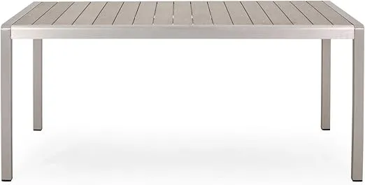 GDFStudio Outdoor Modern Aluminum Dining Table with Faux Wood Table Top, Natural and Silver
