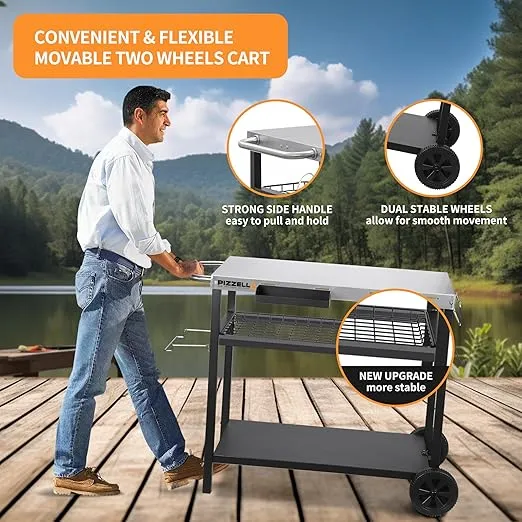 Outdoor Grill Cart Three-Shelf Pizza Oven Stand Table with Wheels Dining Cart Table for Outside Patio, Movable Kitchen Cooking Prep Table BBQ Cart with 34"x 21" Stainless Steel Tabletop