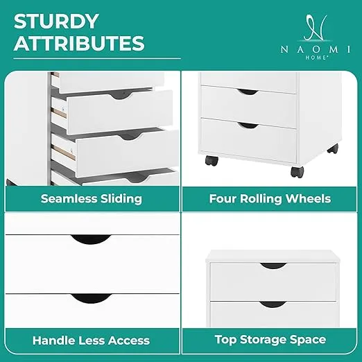 Naomi Home Taylor 5 Drawer Chest, Wood Storage Dresser Cabinet with Wheels, Craft Storage Organization, Makeup Drawer Unit for Closet, Bedroom, Office File Cabinet 180 lbs Total Capacity - White