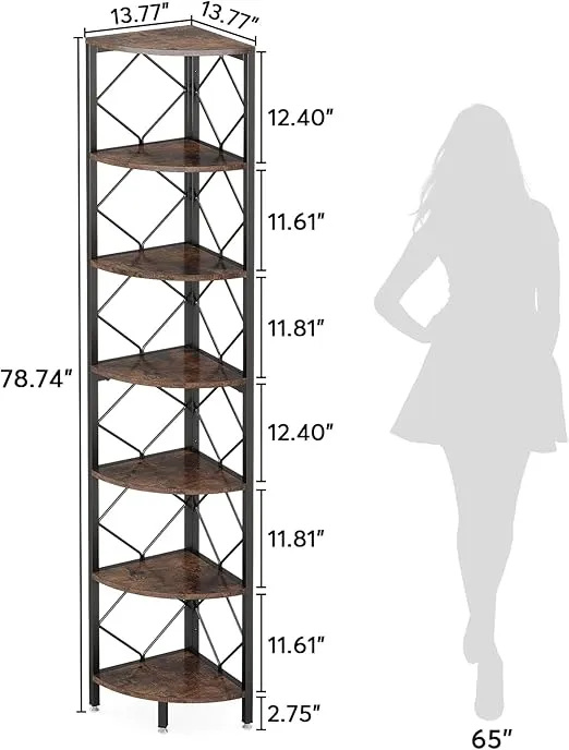 Tribesigns 7-Tier Corner Shelf, 78.7” Extra Tall Corner Bookcase, Industrial Slim Corner Bookshelf for Small Narrow Space, Wood Corner Shelf Stand Storage Rack for Living Room, Home Office