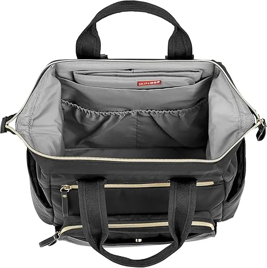Skip Hop Diaper Bag Backpack: Mainframe Large Capacity Wide Open Structure with Changing Pad & Stroller Attachement, Black with Gold Trim