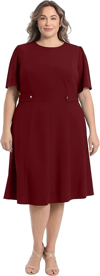 London Times Women's Knit Eyelet Short Sleeve Crepe Inset Waist Midi with Button Detail