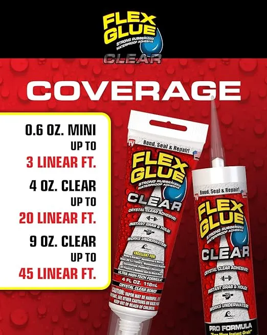 Flex Glue, Mini, Clear, Super Strong, Transparent, Rubberized Waterproof Adhesive, Works Underwater, Use on Pools, Showers, Outdoors, Concrete, Brick, Pavers, Masonry, UV Resistant