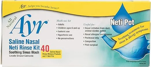 Ayr Saline Nasal Neti Rinse Kit Soothing Sinus Wash, 40-Count Saline Nasal Rinse Mixture Packets Plus Neti Pot (Pack of 2)