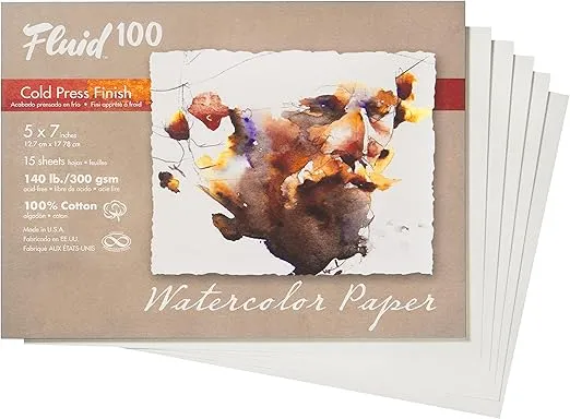 Fluid 100 Artist Watercolor Paper, 140 lb Cold Press 100% Cotton, 5 x 7-inch Pochette, 15 Sheets