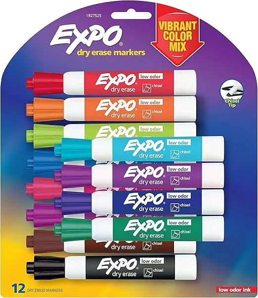 EXPO Low-Odor Dry Erase Markers, Chisel Tip, Vibrant Colors, 12-Count