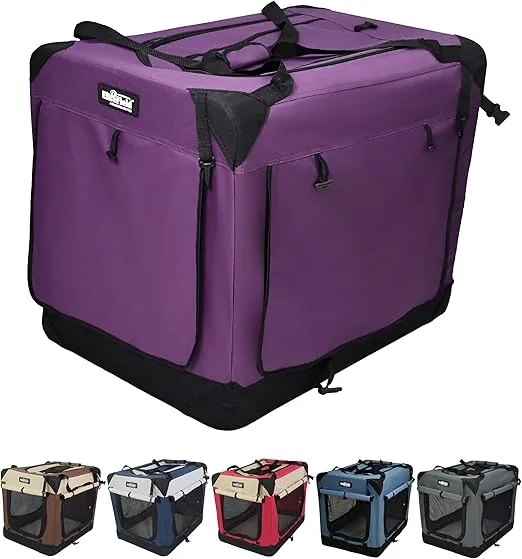 EliteField 4-Door Folding Soft Dog Crate with Curtains, Carrying Bag and Fleece Bed (2 Year Warranty), Indoor & Outdoor Pet Home (24" L x 18" W x 21" H, Purple+4 Door Curtains)