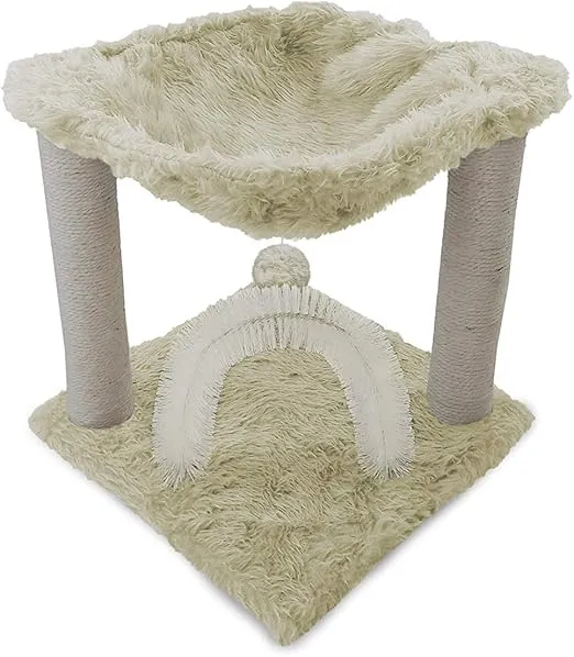 Furhaven 15.75" Tall Playground for Indoor Cats, Ft. Sisal Scratching Posts, Self-Grooming Brush, & Toy - Tiger Tough Hammock Interactive Playground - Cream, One Size