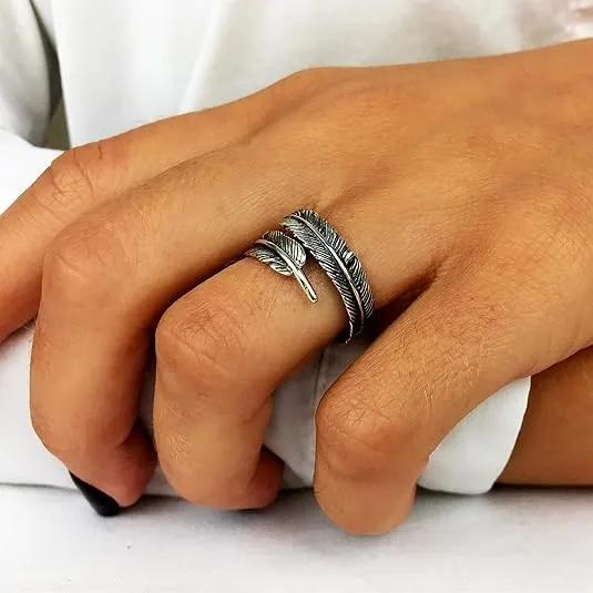 Silverly Sterling Silver Feather Ring - Leaf 925 Silver Rings for Women - Adjustable Wrap Band Promise Band - Wraparound Sterling Silver Thumb Rings for Women