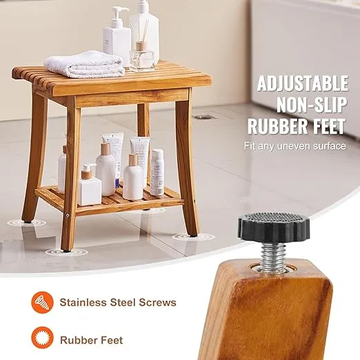 VEVOR Teak Shower Bench, 20in Waterproof Wood Shower Stool with Storage Shelf Non-Slip Foot Pads, 400 lbs Load Capacity Shower Chair Seat, for Bathroom Indoor and Outdoor Use