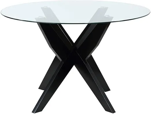 Steve Silver Co Amalie Round Dining Table, Contemporary Pedestal Base, 48" Round Tempered Glass, incd. One Glass Top Dining Table w/Black Base, Dining Room, Kitchen, 48" D x 48" W x 31" H, Black