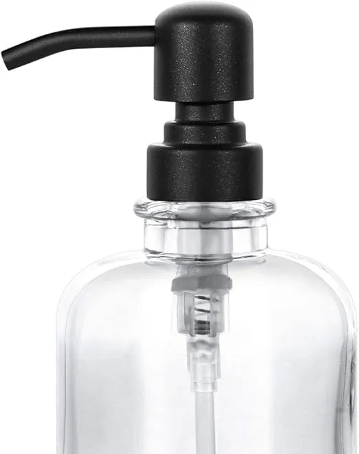2 Pcs Thick Clear Glass Jar Hand Soap Dispenser Bathroom with Matte Black Stainless Steel Pump, 12ounce Clear Boston Round Bottle Dispenser with Rustproof Pump for Kitchen Dish
