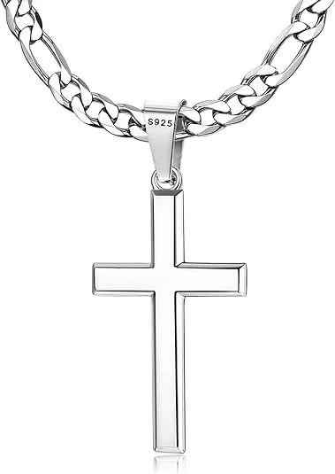 MILACOLATO 925 Sterling Silver Cross Necklace for Men Women, 5mm Stainless Steel Durable Figaro Link Chain with Cross Pendant for Men, Women Mens Crucifix Necklace Jewelry 18-24 Inches
