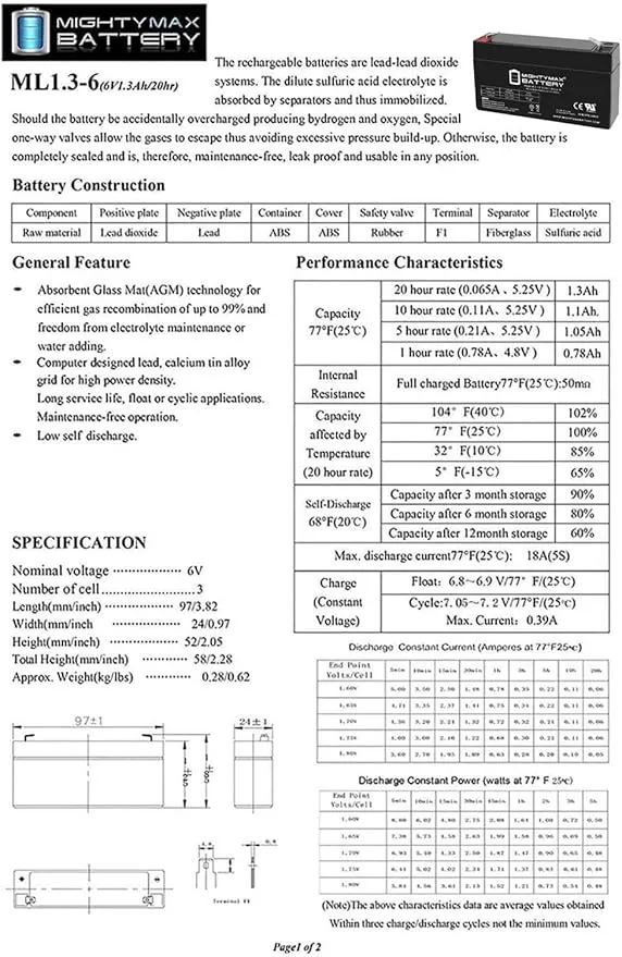 Mighty Max Battery 6V 1.3Ah SLA Replacement Battery for DURA6-1.3F