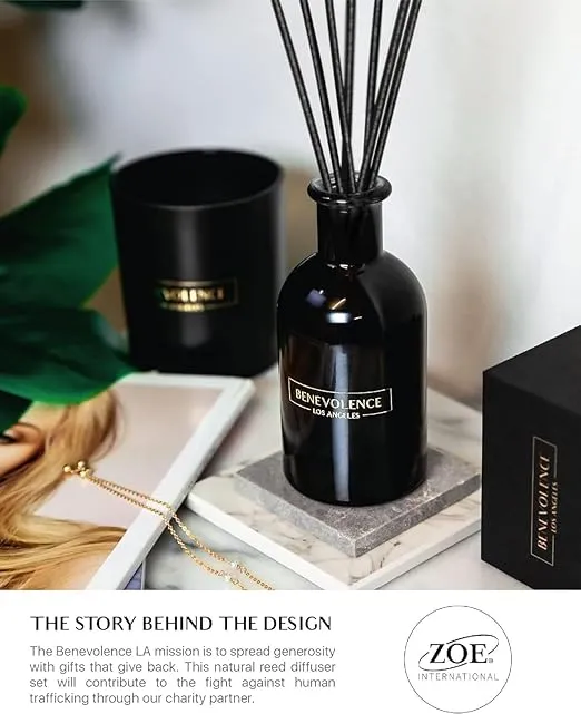Benevolence LA Reed Diffuser Set, Relaxing Bergamot & Jasmine Fragrance Diffuser | Aromatherapy Reed Diffuser Sticks, Scented Oil Diffuser Sticks | Bathroom Diffuser, Scented Sticks Diffuser
