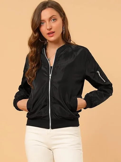 Allegra K Women's Casual Zip Up Bomber Jacket Windbreaker Outerwear with Pockets