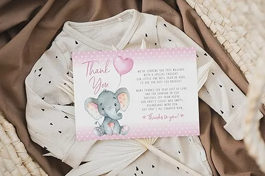 Pink Elephant Baby Shower, Thank You Cards 20 Count Pre-written Thank You Cards, Baby Sprinkle Pink Dots