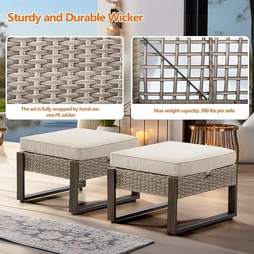 2 Pieces Outdoor Patio Ottoman, All-Weather PE Rattan Ottomans Footstools with Removable Cushions & Anti-Rust Steel Frame Legs for Garden Backyard Porch Deck, Beige