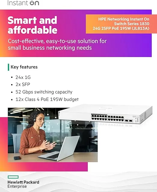 HPE Networking Instant On Switch Series 1830 24-Port Gb Smart-Managed Layer 2 Ethernet Switch with PoE | 24x 1G | 2X SFP | 12x CL4 PoE (195W) | Fan-Less | US Cord (JL813A#ABA)