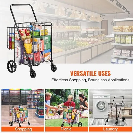 VEVOR Folding Shopping Cart, Jumbo Grocery Cart with Double Baskets, 360° Swivel Wheels, Heavy Duty Utility Cart, 110 LBS Large Capacity Utility Cart for Laundry, Shopping, Grocery, Luggage
