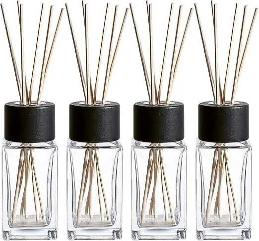 Whole HOUSEWARES Natural Diffuser Reeds Bottles Sticks | Clear Glass Home Décor for Kitchen and Living Room | Black Wood Caps | Décorative Fragrance Set with Long Lasting Aroma - Set of 4