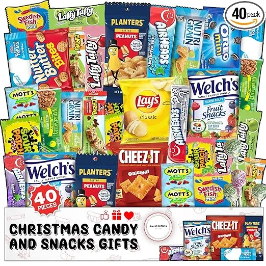 Ultimate Christmas Snacks Box, Assorted Snacks Variety Pack for Adults, Chips, Cookies & Candies 40 count - Office Snacks bulk, Care Package for Women, College Students - Christmas Snacks Gifts